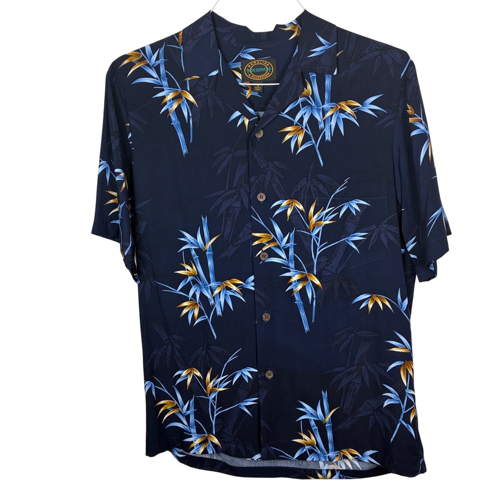Hawaiian Reserve Collection Shirt Men S bamboo print navy blue rayon